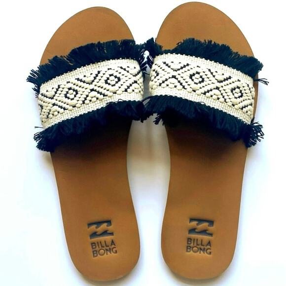 Billabong Macrame Woven Fringe Slide Sandals Boho Beach Flip Flops Size 9.5 - Picture 2 of 5